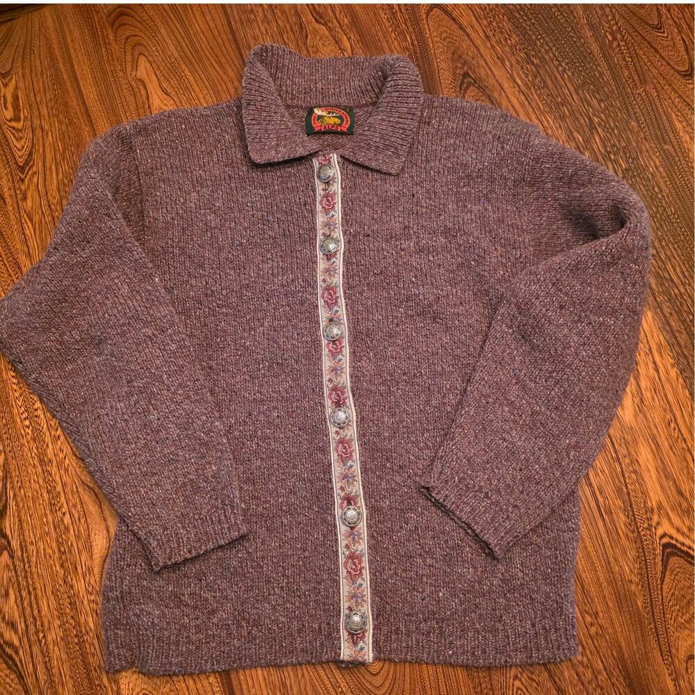 Vintage Wool Alps Cardigan Pewter Buttons Floral Embroidered Purple Grandma SZ S